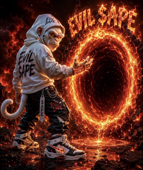 A dramatic digital illustration of a monkey character wearing a white hoodie with 'EVIL $APE' text, standing before a fiery red portal with glowing flames and chained accessories.