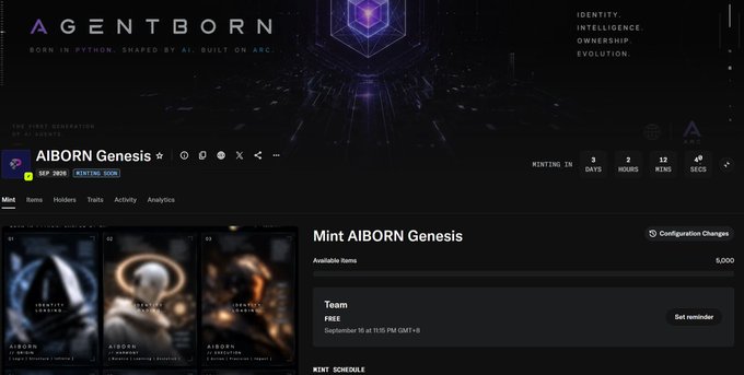 Screenshot of the "AGENTBORN" NFT minting page showing "AIBORN Genesis" collection with a countdown of 5 days, 2 hours, 13 minutes until minting begins on December 10.