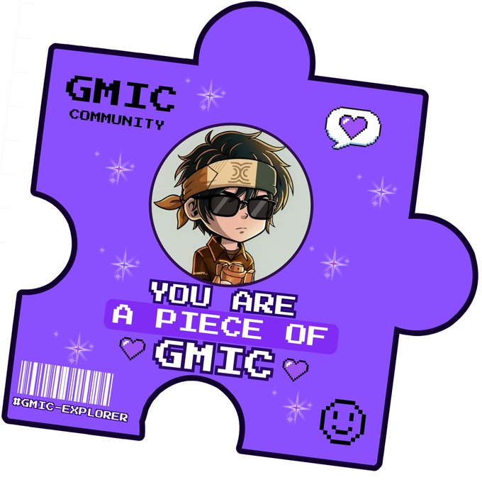 A purple puzzle-piece shaped GMIC Community badge featuring an anime character with sunglasses and a headband, displaying the text 'YOU ARE A PIECE OF GMIC' along with '#GMIC-EXPLORER'.