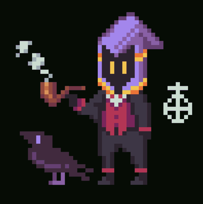 A pixel art illustration of a hooded figure in dark robes with a smoking pipe, accompanied by a purple cat and a white symbol, on a black background.