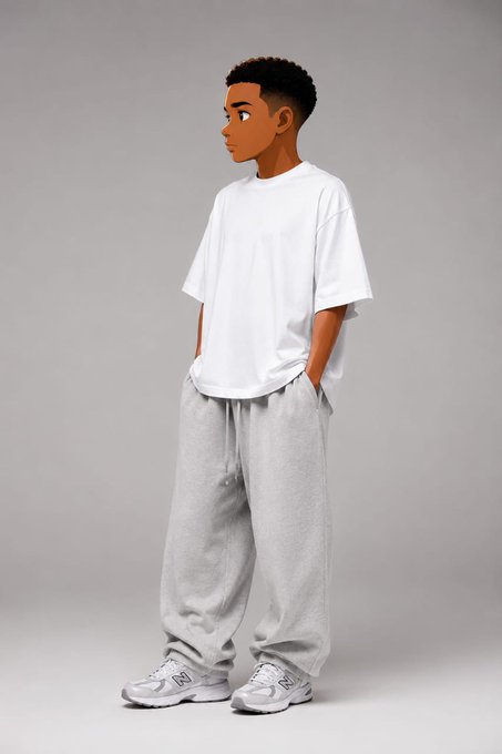 A stylized digital illustration of a young man with short curly hair wearing an oversized white t-shirt, gray sweatpants, and white sneakers, standing in profile against a gray background.