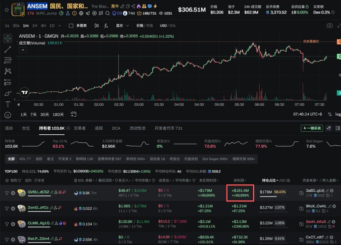 A cryptocurrency trading platform screenshot (likely DEXTools or similar) showing the ANSEME token chart with a price around $0.3068 and a market cap of $306.51M, highlighting holder statistics and a top holder's 63.1% dominance with a +99,999% profit.
