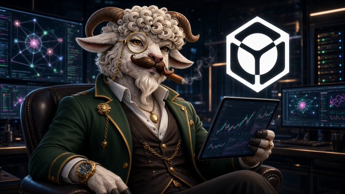 An illustrated anthropomorphic sheep with a mustache and glasses smoking a cigar, holding a tablet showing charts, with a crypto logo on the right.