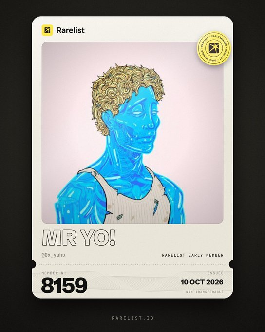The image shows a Rarelist membership card for user "@0x_yahu" titled "MR YO!" featuring a blue and gold statue-style portrait of a curly-haired figure, with member number 8159 issued on 10 OCT 2026. The card represents an early member NFT from Rarelist.io, which is the platform referenced in the post as hosting a campaign with @projectspherexy that offers prizes in USDT along with whitelist opportunities for top creators.