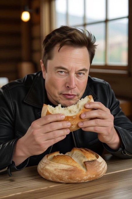 A man resembling Elon Musk wearing a black leather jacket sits at a wooden table in a rustic interior, holding and eating a piece of bread with a whole loaf in front of him.