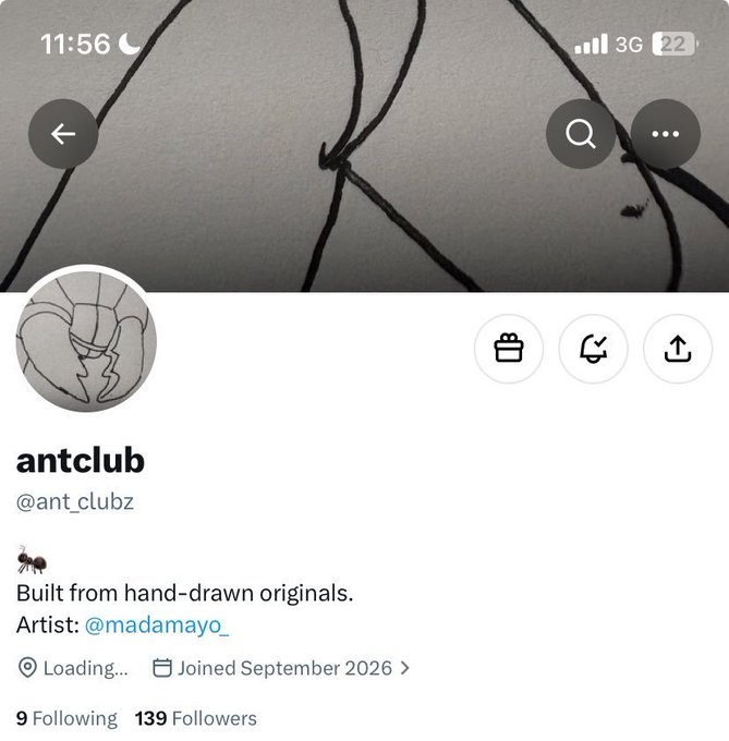 A social media profile for 'antclub @ant_clubz' with the description 'Built from hand-drawn originals. Artist: @madamayo_' and 139 Followers.