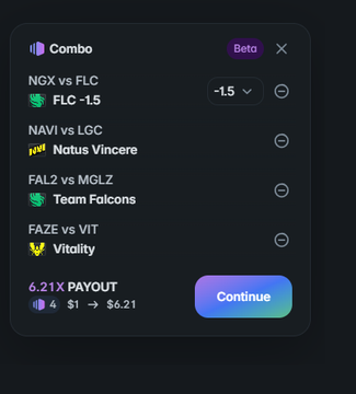 A dark-themed sports betting app interface shows a "Combo" bet slip with matches including "NGX vs FLC," "NAVI vs LGC," "FAL2 vs MGLZ," and "FAZE vs VIT," with a "6.21X PAYOUT" and a 4-way $1 parlay yielding $6.21.