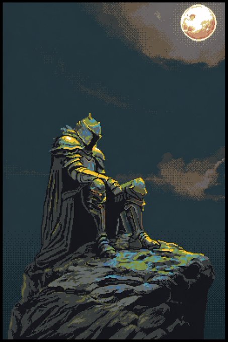 A lone armored knight sits slumped on a rocky cliff beneath a glowing full moon, his contemplative pose suggesting melancholy and defeat—evoking the "Fallen" figure referenced in the post as a metaphor for investment losses on the Robinhood App. The solitary, moonlit scene visually reinforces the caption's theme of a trader's lonely reflection before a potential market recovery.