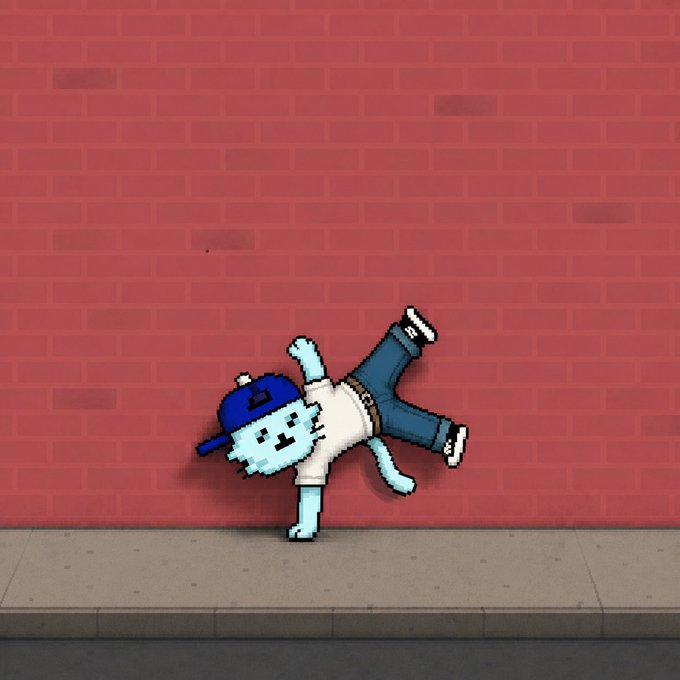A pixel art animation of a character wearing a blue cap and white shirt doing a breakdancing move against a red brick wall.