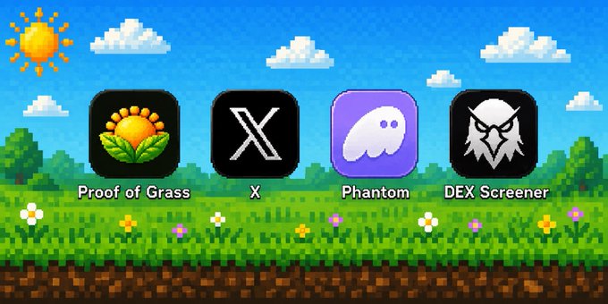 Four app icons displayed in a pixel-art grassy field under a sunny sky—Proof of Grass, X, Phantom, and DEX Screener—with "Proof of Grass" highlighted alongside the others to humorously position it as the only app telling users to log off and touch grass, matching the meme's $TOUCHGRASS/#ProofofGrass message.