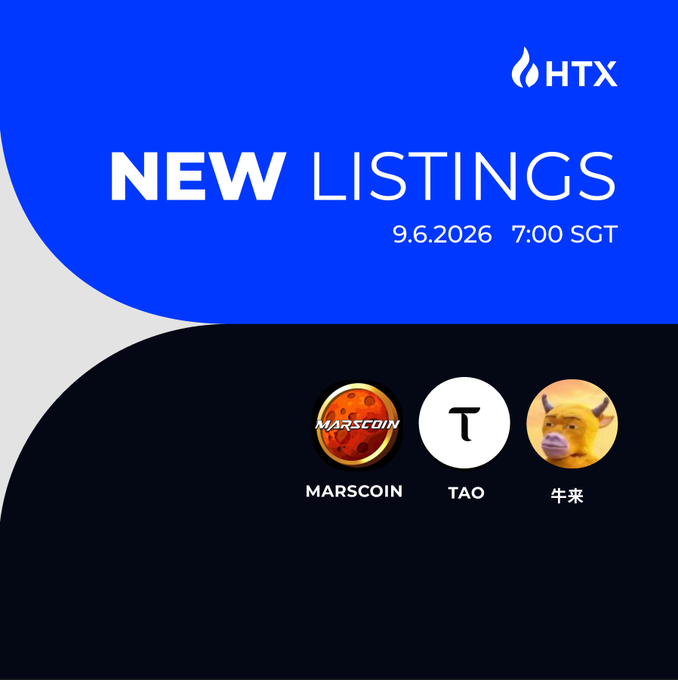HTX announces three new listings—MARSCOIN, TAO, and 牛来—scheduled for 9.6.2026 at 7:00 SGT, matching the post's recap of these same tokens and inviting viewers to share which one they're watching.