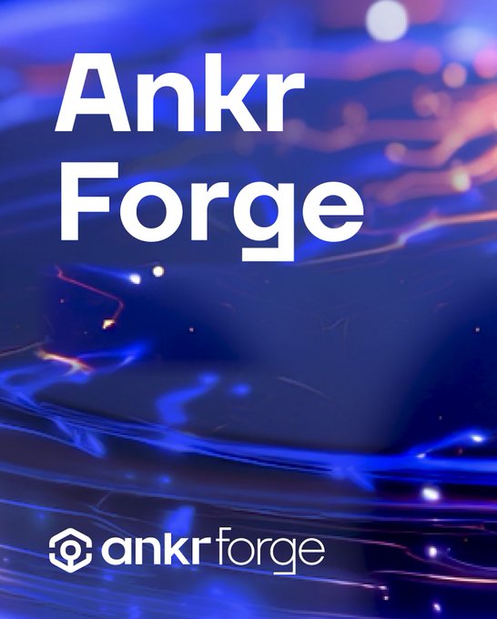 Ankr Forge branding displayed over a fluid blue and purple abstract background, with the Ankr Forge logo and hexagon mark at the bottom. The image visually represents the platform highlighted in the post, which promotes Forge as a hub for ecosystem growth and user rewards featuring embedded wallets, leaderboard activity, and an upcoming Forge Drop.