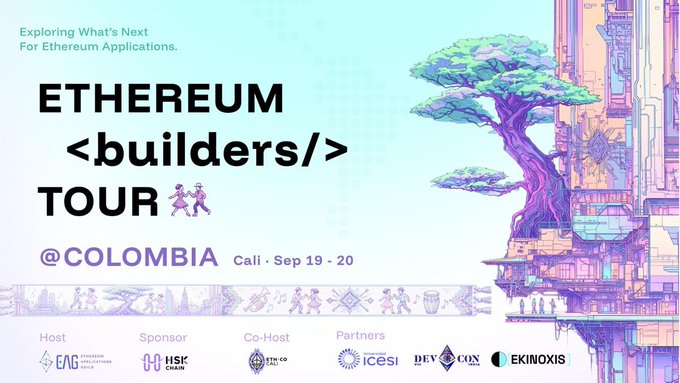 A promotional graphic for the 'ETHEREUM <builders/> TOUR @COLOMBIA' event held in Cali on September 19-20, featuring illustrations of a stylized tree and city, along with logos for hosts and sponsors including EAG, SK Chain, ICESI, and Devcon.