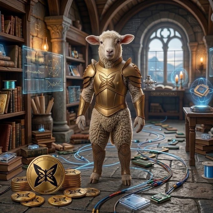 A fantasy-style digital illustration of a sheep wearing golden armor standing in a medieval study or library filled with books, glowing blue data screens, circuit patterns, and scattered electronic components. A stack of golden coins with a butterfly-like logo and a 'QUIP NETWORK' sign are visible.