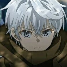 An anime-style close-up portrait of a young male character with messy white hair and blue eyes, wearing a brown scarf.