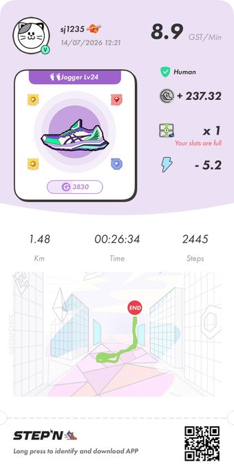 A STEPN app activity summary showing 8.9 GST/Min, a user score of +237.32, and stats of 1.48km, 00:26:34 time, and 2445 steps with a map view.
