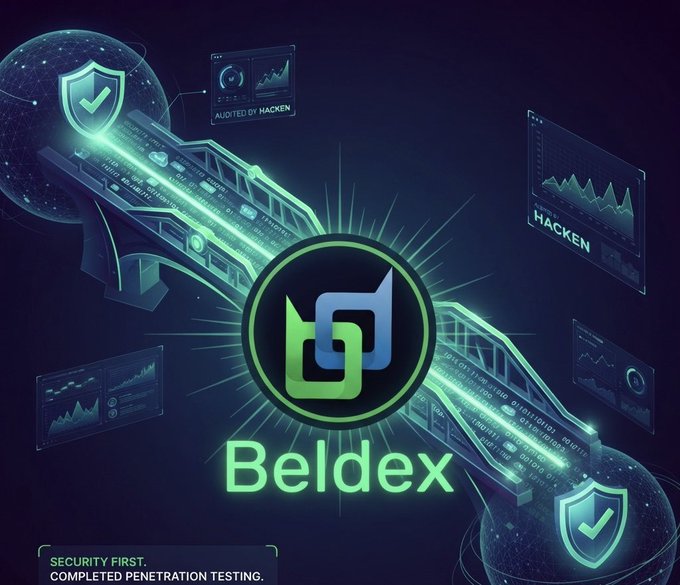 A digital promotional graphic for 'Beldex' displays a green and blue logo centered on a circuit-like design with shield icons, reading 'AUDITED BY HACKEN' and 'SECURITY FIRST. COMPLETED PENETRATION TESTING.'