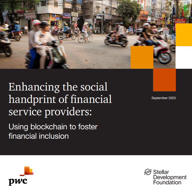 Cover page of a September 2023 PwC and Stellar Development Foundation report titled 'Enhancing the social handprint of financial service providers: Using blockchain to foster financial inclusion.'