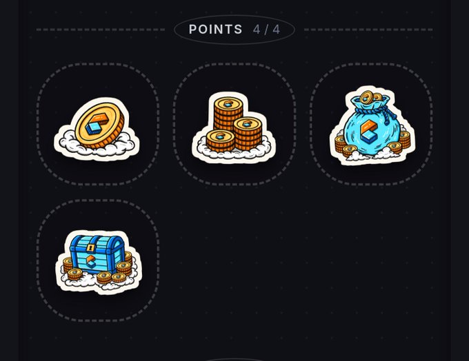 A mobile app/game screen displaying 'POINTS 4/4' with four cartoon-style reward stickers on cloud backgrounds: a gold coin, a stack of coins, a blue money bag, and a blue treasure chest with coins.