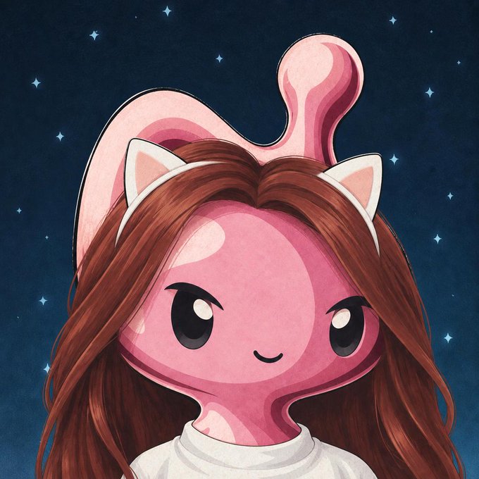 A pink cartoon blob character with cat ears, long brown hair, and a white shirt smiles against a starry night sky, fitting the celebratory "GM" and "CHAOS WL spots secured" tweet announcing successful whitelist acquisition.
