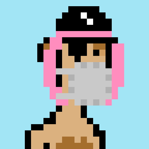 A pixel art illustration of a female character with pink hair and a black beanie holding a white fluffy animal against a light blue background.