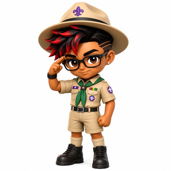 A 3D-rendered cartoon-style boy scout character with red and black hair, glasses, and a tan uniform salutes the viewer while wearing a wide-brimmed hat with a purple fleur-de-lis emblem.