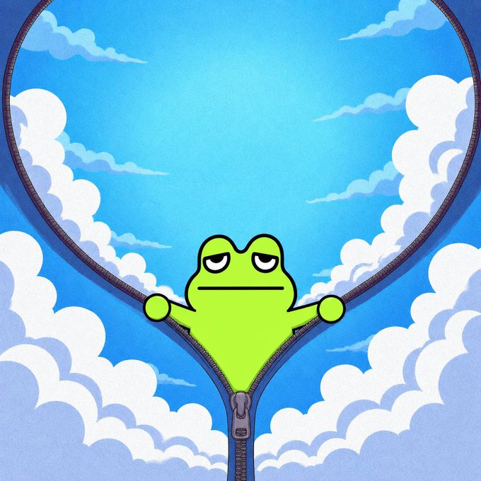 A cartoon green frog with a tired expression clings to the zipper pull of a bright blue sky-themed hoodie, surrounded by illustrated white clouds.