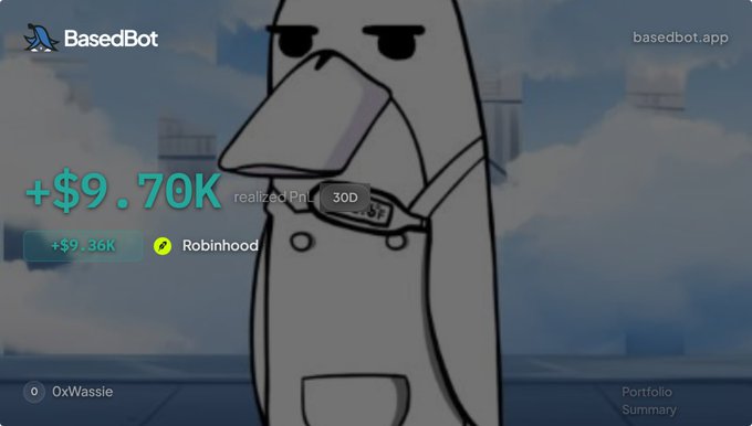 BasedBot app screenshot showing a realized P&L of +$9.70K on a JOD stock held in a Robinhood portfolio, displayed over a cartoon bird character.