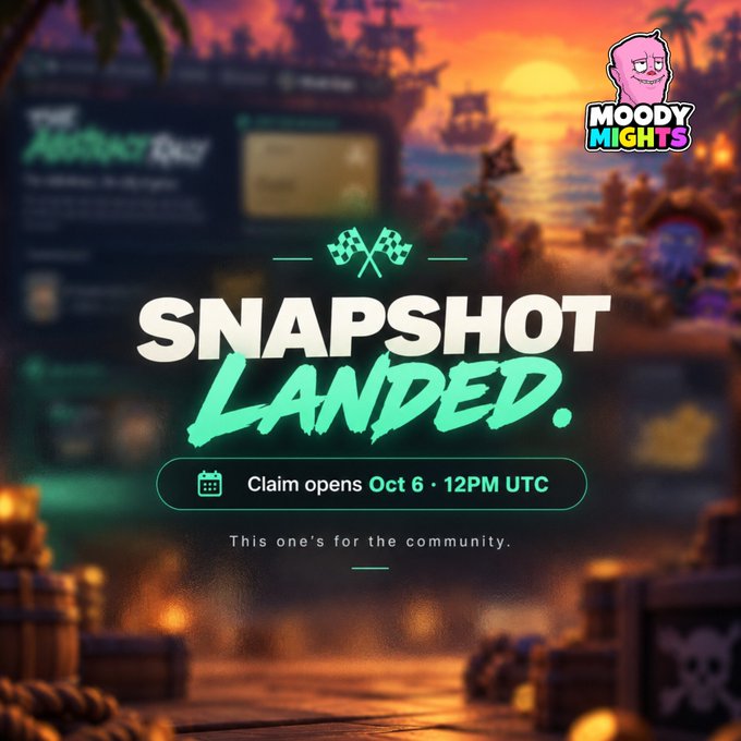 A vibrant promotional graphic featuring a tropical pirate-themed background with the headline "SNAPSHOT LANDED," announcing that a claim from the Abstract team opens on Oct 6 at 12PM UTC for Abstract Rally (AGW) GOLD+ users, framed by the message "This one's for the community."