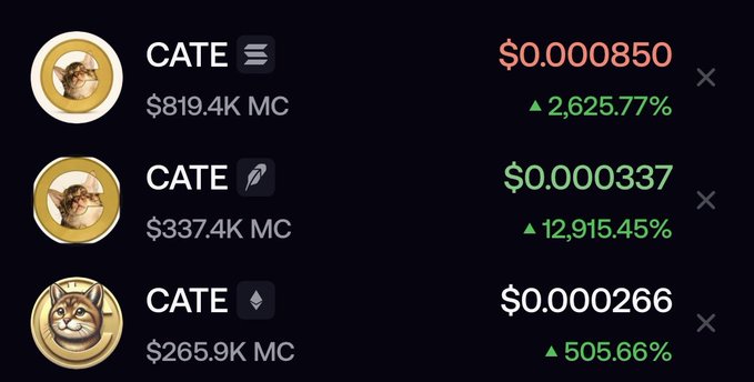 The image shows a list of three separate meme tokens all named "CATE" with cat-themed logos, displaying prices like $0.000850, $0.000337, and $0.000266 alongside their respective market caps ($819.4K, $337.4K, $265.9K) and massive percentage gains. This illustrates the post's sentiment about the cryptocurrency market being saturated with repetitive, low-value cat-themed meme coins lacking originality.