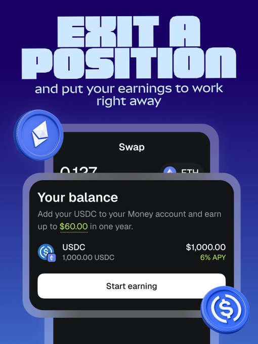 Promotional image for MetaMask featuring the headline "EXIT A POSITION and put your earnings to work right away," with a "Your balance" card showing 1,000.00 USDC earning 6% APY (up to $60.00 in one year) and a "Start earning" button. The image visually supports the post by showcasing how users can immediately reinvest their MetaMask earnings into higher-yielding opportunities rather than letting them sit idle.