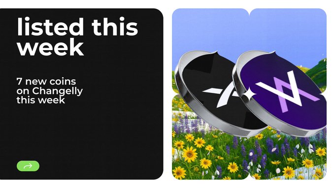 Changelly promotional card reading 'listed this week — 7 new coins on Changelly this week', featuring the XRP and Litecoin logos over a field of flowers.