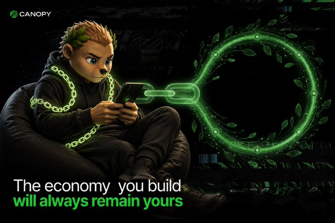 An advertisement for 'CANOPY' featuring an animated character holding a phone connected by a glowing green chain to an infinity symbol, with the text 'The economy you build will always remain yours'.