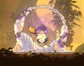 A pixel art scene showing a character emerging from a glowing purple portal surrounded by foliage.