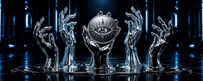 A surreal, dark digital artwork featuring multiple metallic silver hands rising from a reflective surface, with one central hand holding a disc bearing an all-seeing eye symbol.