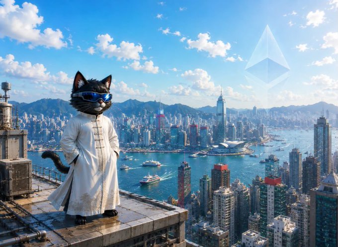 An AI-generated image of a black cat wearing sunglasses and a white traditional Chinese coat, standing on a rooftop overlooking a sprawling city skyline with an Ethereum logo visible in the sky.