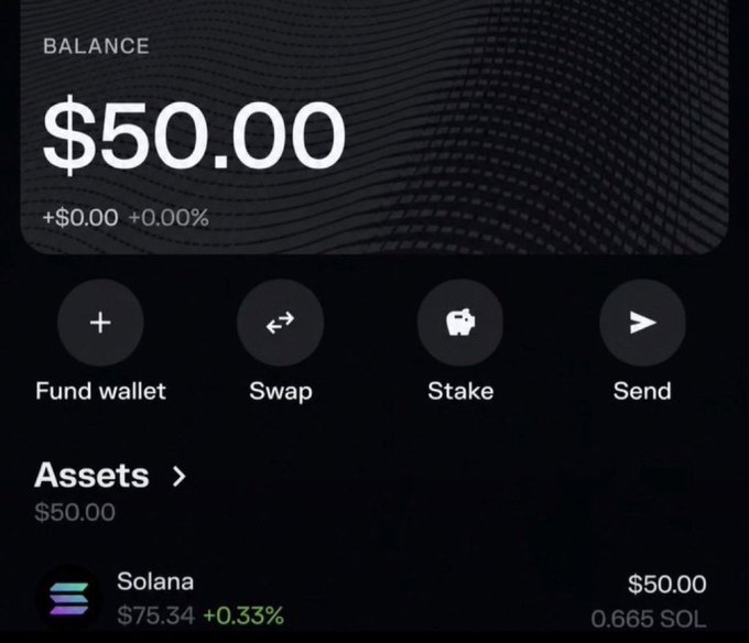 A crypto wallet app displays a balance of $50.00, with the assets section showing 0.665 SOL (Solana) valued at $50.00 and priced at $75.34 (+0.33%), supporting the post's claim of starting a $50 trading challenge using Solana.