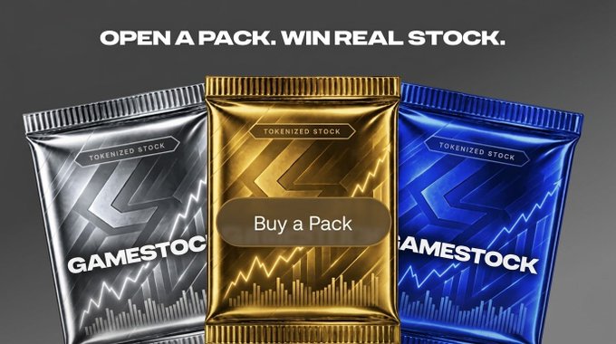 An advertisement reading 'OPEN A PACK. WIN REAL STOCK' showing three foil packs labeled 'TOKENIZED STOCK' for 'GAMESTOCK' in silver, gold, and blue, with a 'Buy a Pack' button.