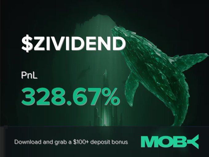 An advertisement for Moby features a large green whale alongside bold text announcing a PnL of 328.67% on $ZIVIDEND, with a $100+ deposit bonus offer and the Moby logo displayed at the bottom, matching the post's win announcement.