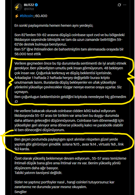 A Turkish-language tweet from @blitzz displays Bitcoin at $60,400, with the author expressing concern about declining sentiment and noting Coinbase's poor spot CVD performance on the 82,000 drop, while highlighting that only 48 of the most popular coins among the top 100 were in positive territory—contextually supporting the accompanying post's observation that bearish market sentiment has discouraged celebration despite the user's earlier bottom-calling analysis.
