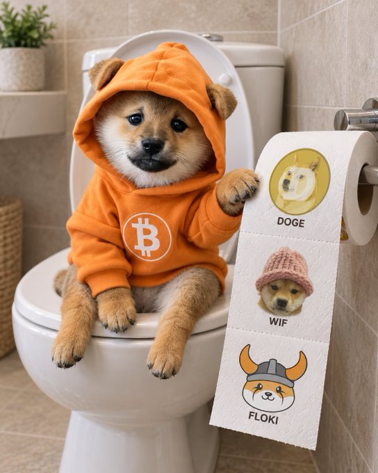 A puppy wearing an orange Bitcoin hoodie sits on a toilet, holding up a toilet paper roll featuring memes of DOGE, WIF, and FLOKI to reinforce the post's joke about "$DOG" having "different use cases."