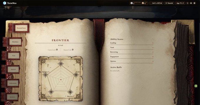 A character stats screen from a game displayed in TermMax shows a "FRONTIER" class with 0/140 progress and Ability Scores for Leading, Vault, Borrowing, Engagement, and Options.