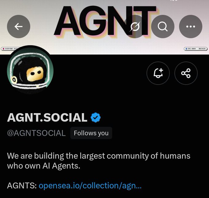 An X profile for 'AGNT.SOCIAL' (@AGNTSOCIAL) with the bio 'We are building the largest community of humans who own AI Agents.'