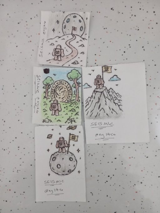 Four hand-drawn artistic polaroid-style cards depicting an astronaut exploring various scenes (a moon, a portal, a mountain peak, and another planet), all labeled "SEISMIC @ny14co" with social media handles.
