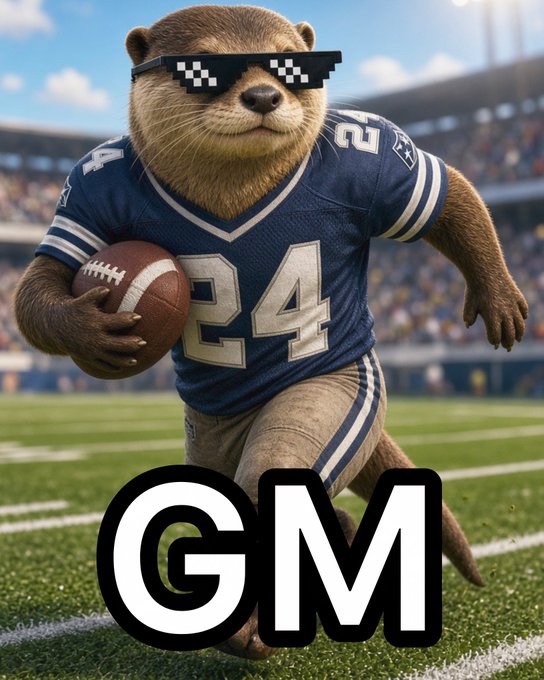 A digital illustration shows an otter wearing pixelated "deal with it" sunglasses and a navy blue football jersey with the number 24, carrying a football on a stadium field with the text "GM" overlaid.