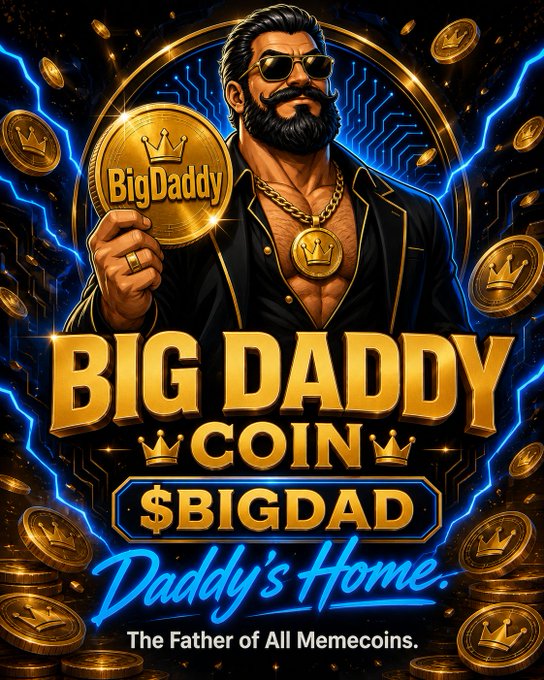 A promotional graphic for 'BIG DADDY COIN' ($BIGDAD) featuring a muscular bearded man holding a coin, with the tagline 'Daddy's Home. The Father of All Memecoins.'