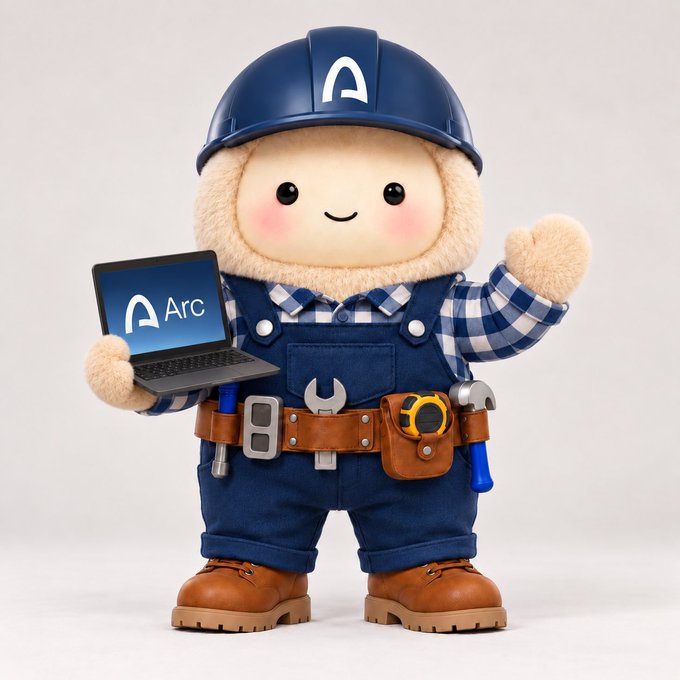 A 3D rendered plush mascot character wearing blue denim overalls, a blue hard hat, and a tool belt, holding a laptop displaying the 'Arc' logo.