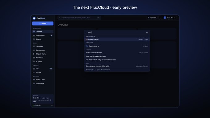 A dark-themed dashboard for FluxCloud shows a command palette (⌘K) overlay with search results for "pat" including the deployment "patient0-friends," a template, actions like "Restart patient0-friends," open logs, and documentation links. The sidebar displays workspace sections (Deployments, Balance, Deploy, Compute, Storage, Capacities) with a "GPU" count of 58 and a balance of $62.03.