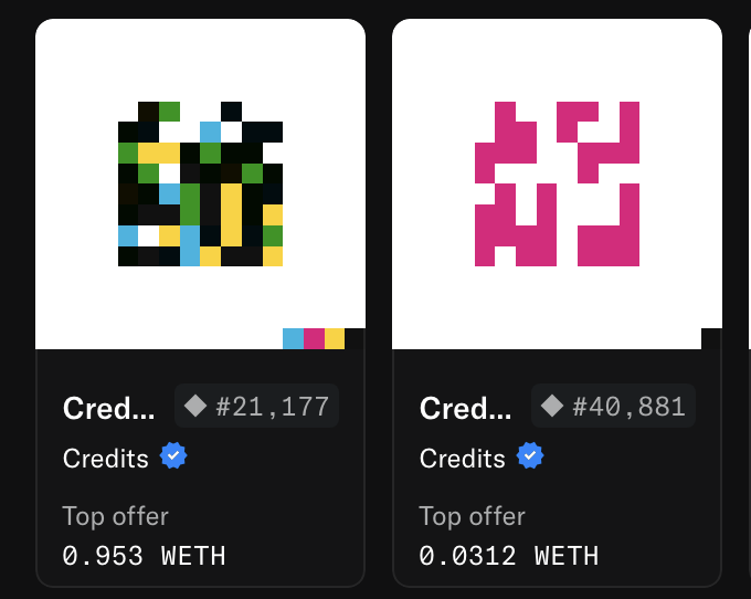 Two non-fungible token (NFT) listings are displayed, showing pixel-art designs with their respective credit ranks (#21,177 and #40,881) and top offers of 0.953 WETH and 0.0312 WETH. The left listing's multicolor design likely corresponds to the rare "4 Eights" trait mentioned in the post by @jackbutcher, while the right listing shows a pink geometric pattern with a significantly lower top bid.