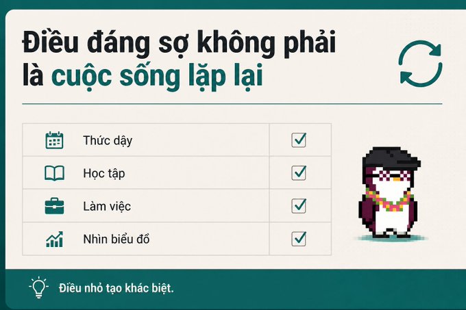 Vietnamese motivational graphic titled 'Điều đáng sợ không phải là cuộc sống lặp lại' (What's scary is not life repeating itself), showing a checked to-do list with Thức dậy, Học tập, Làm việc, Nhìn biểu đồ, and the message 'Điều nhỏ tạo khác biệt' next to a penguin wearing a hoodie.